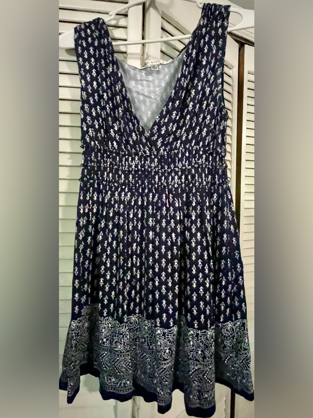 Max Studio Navy Blue Printed V-Neck Smocked Waist Tunic